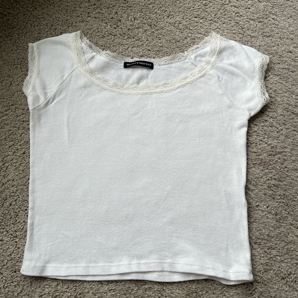 Brandy Melville White Lace Trim Short Sleeve Tee